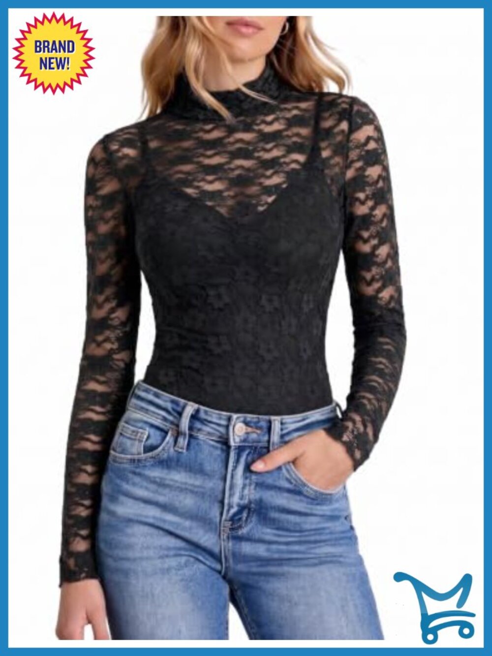 Women's Long Sleeve Lace Bodysuit Top Mock Neck Spaghetti Strap Two-Piece Set